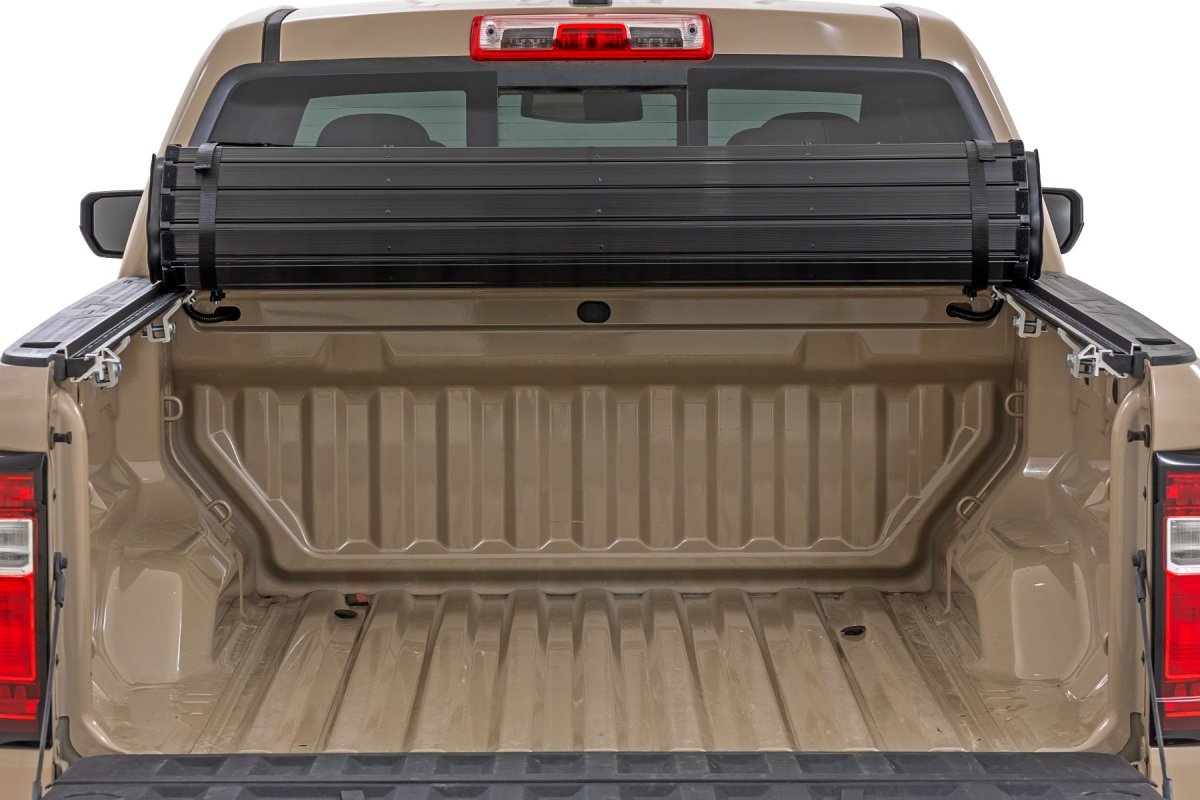GMC Canyon Hard Roll Up Bed Cover - Rough Country - Matte Black with Aluminum Slats - Matte Black - '23-'25